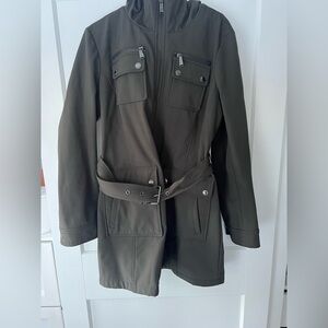 Michael Kors Dark Olive Green Belted Soft Shell Fleece Lined Rain Jacket Size M